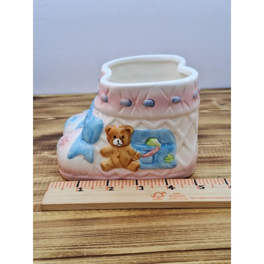 Ceramic Vase‎ Teddy Bear Baby Shoes Boots Pink Bow